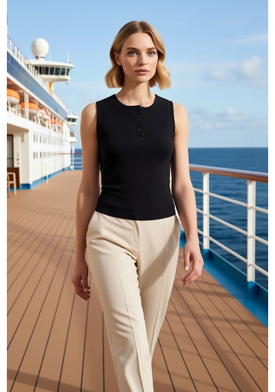 Benerly Kadın Bluz Fitted Crop Bisiklet Yaka Kolsuz Düğmeli Fitilli Örme siyah