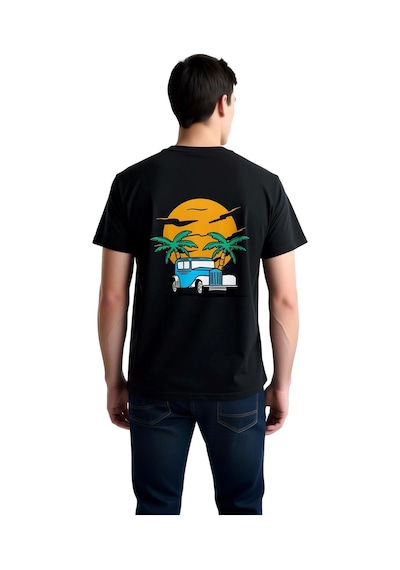 Paybuy Erkek Vintage Otomobil Palmiye Gün Batımı Baskılı Rahat Kesim Kıs Siyah