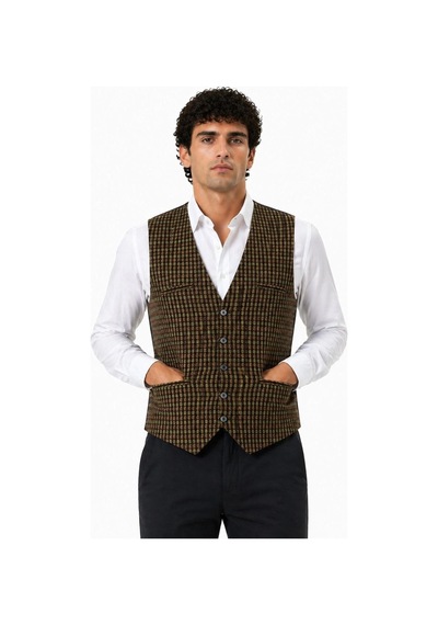 Ertaştrendstore Erkek Dokuma Yelek 5 Cepli 4 Dış 1 İç Cep Düğmeli Günlük Klasik Yelek - Kahverengi Çoklu Renk