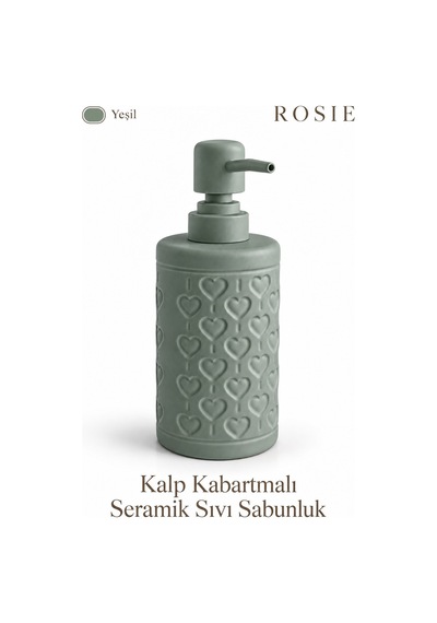 Rosıe Adaçayı Yeşili Kabartma Kalp Desenli Yuvarlak Seramik Sıvı Sabunluk 350 Ml Karışık