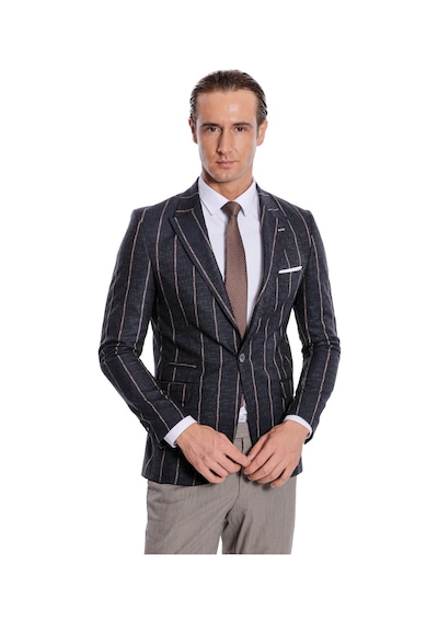 Wessi Çizgili Slim Fit Füme Erkek Ceket Siyah
