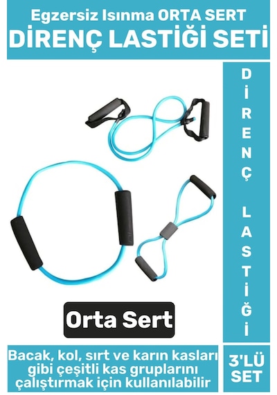 Premium Seri Fitness Aerobik Pilates Egzersiz Isınma Kadın Erkek Orta Sert 3'lü Direnç Lastiği Seti Çok Renkli