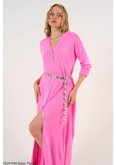 Butik Belvita Düz Düğmeli Elbise Pembe