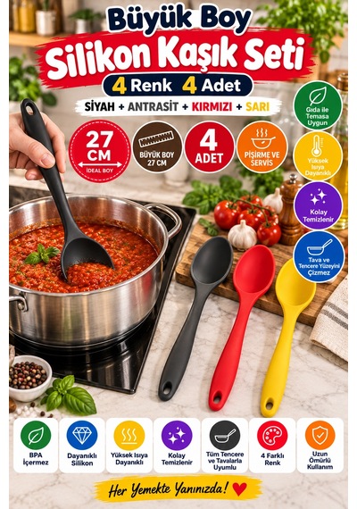 4'lü Set Siyah Antrasit Kırmızı Sarı, Büyük Boy Silikon Kaşık 27 Cm, Yemek Pişirme Ve Servis Kaşığı.