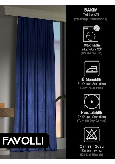 Br Favolli Kadife Dokulu Safir Rengi Ada Fon Perde Ekstrafor Büzgülü Dream Series Safir