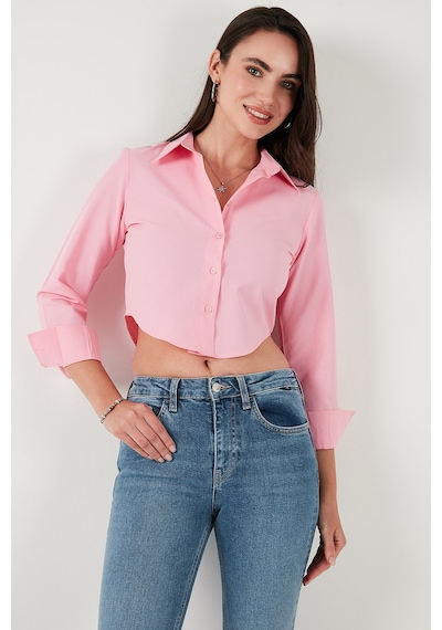 Lela Pamuk Karışımlı Slim Fit Uzun Kollu Crop Bayan Gömlek 6777336 Şeker Pembe