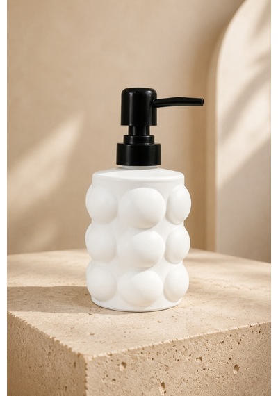 Bubbly Kabartmalı Bubble Model Cam Sıvı Sabunluk Siyah Pompalı 400 Ml, 17 X 8 Cm Beyaz