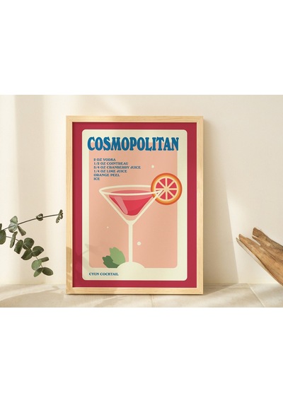 Cosmo Alkol Posteri, Minimalist Kozmopolit, Mutfak Bar Dekoru, Kırmızı Kokteyl Posteri