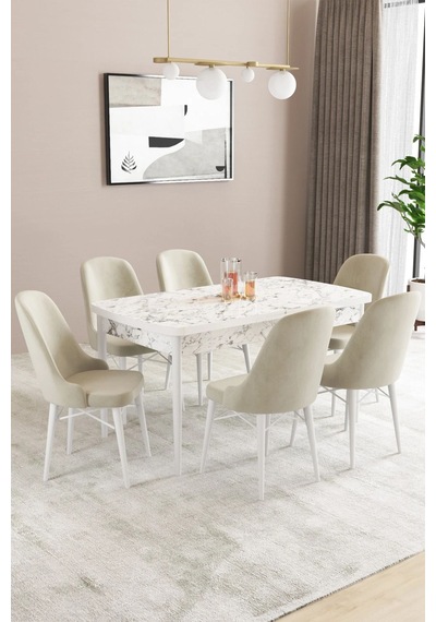 Sar Pakete Almira Serisi, Beyaz Mermer Desen 80x132 Açılabilir Mdf Mutfak Masası Takımı 6 Adet Sandalye Krem Sar Pakete Almira Serisi, Beyaz Mermer Desen 80x132 Açılabilir Mdf Mutfak Masası Takımı 6 Adet Sandalye Krem