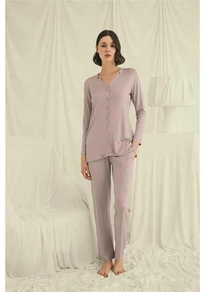 Ang Butik Kadın Uzun Kollu Boydan Düğmeli V Yaka Pijama Takımı Vizon