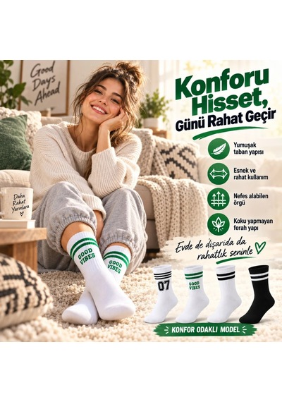 Çorap Giyim Unisex Çorap Çizgili 8'li Set 07 Good Vibes Baskılı Siyah Beyaz Uzun Soket Spor Kolej Stil Çorap Çok Renkli