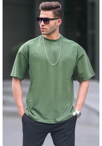 Madmext Erkek Haki Oversize Fit Basic Tişört 6066-haki Haki