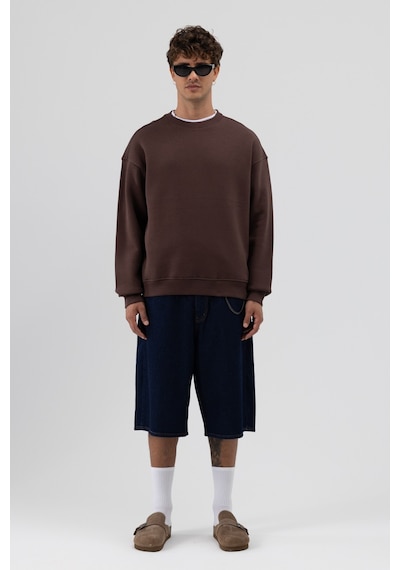 Vamos Basic Bisiklet Yaka Oversize Sweatshirt Kahve