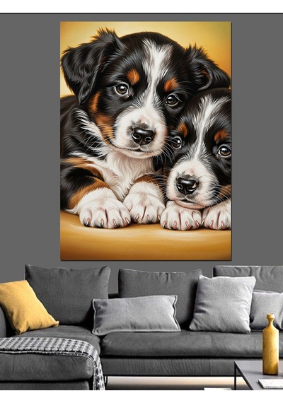 Ahşap Tablo İki Yavru Köpek Sevimli Dostluk