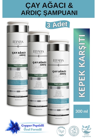 Elysian Essence Çay Ağacı & Ardıç Şampuanı 3 Adet Copper Peptidli Kepek Karşıtı Saç Bakımı 300 Ml Tüm Saç Tipleri