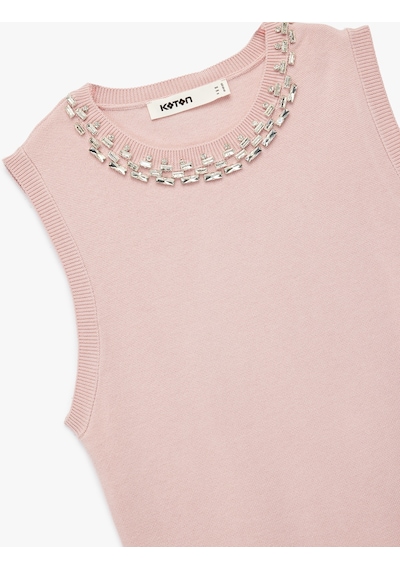 Koton Bisiklet Yaka Kolsuz Taşlı Triko Bluz Pembe 6wak30036ht Gül