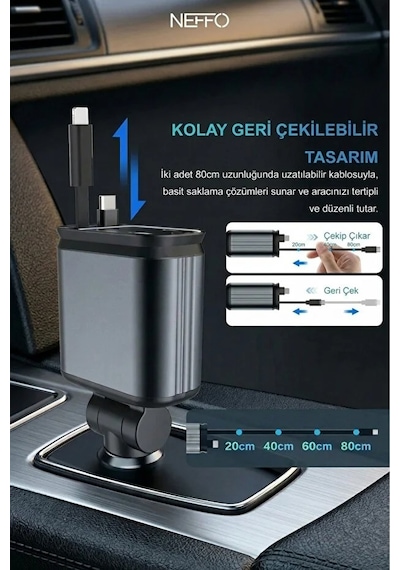 4in1 Geri Çekilebilir Araç İçi Hızlı Şarj Cihazı Çakmaklık Rgb Tavan Aydınlatma 66w Usb C 65