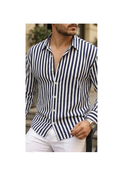 Butik İstanbul Erkek Dikey Çizgili Yarım Oversize Gömlek Lacivert