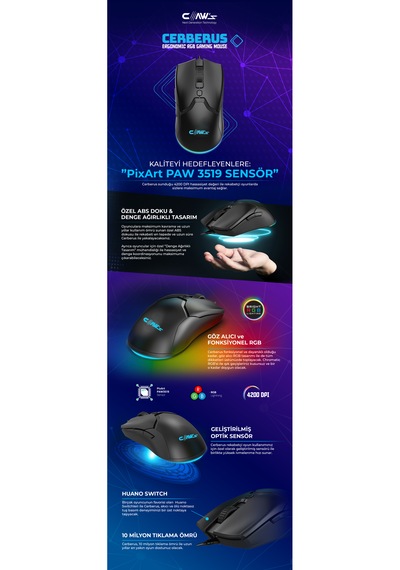 Cerberus Pixart Paw3519 Sensörlü 4200 Dpi Wide Rgb Özel Abs Doku Kablolu Gaming Mouse - Siyah Gm-cerberus-b Cerberus Pixart Paw3519 Sensörlü 4200 Dpi Wide Rgb Özel Abs Doku Kablolu Gaming Mouse - Siyah Gm-cerberus-b