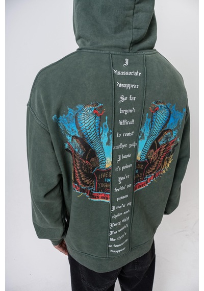 Respire Erkek Snake Baskılı Yıkamalı Kapüşonlu Oversize Hoodie Yeşil