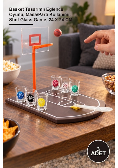 3 Adet Shot Bardak Oyunu Basket Tasarımlı Eğlence Oyunu, Masa/parti Kullanımı, Shot Glass Game, 24 X 24 Cm Safir