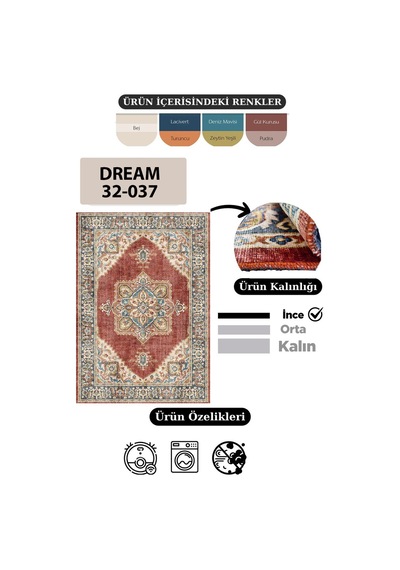 Çam Halı Dream 32-037 Etnik Eskitme Desenli Dokuma Tabanlı Yıkanabilir Şönil Salon Ve Oda Halısı Kiremit