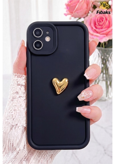 Fibaks iPhone 11 Uyumlu Kılıf 3d Kalp Tasarımlı Siyah Desenli Yumuşak Kamera Korumalı Silikon Kapak