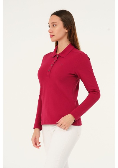 Msw Kadın Uzun Kollu Regular Fit Polo Yaka T-shirt Açık Bordo
