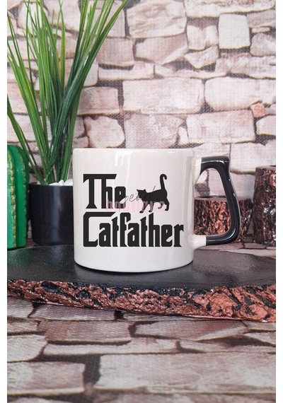 The Catfather Baskılı Komik Kedi Babası Godfather Teması Hediyelik Kulplu Kupa Bardak Siyah