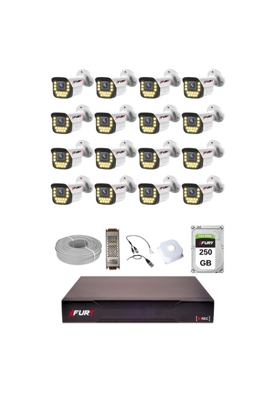 Fury 16 Lı 15 Warm Led Gece Renkli Görüş Su Geçirmez Güvenlik Kamerası Seti 250gb