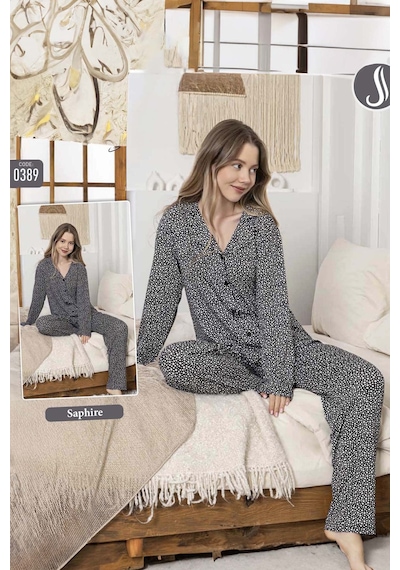 Remsa Kadın Benek Desen Düğmeli Saphire Pijama Takımı 0389 Siyah Siyah