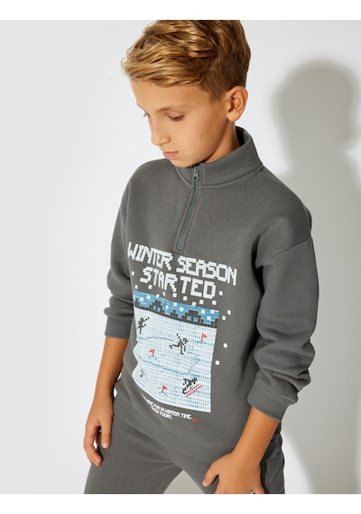 Koton Sweatshirt Dik Yaka Uzun Kollu Kış Temalı Baskı Detaylı Şardonlu Antrasit 5wkb10321tk Antrasit