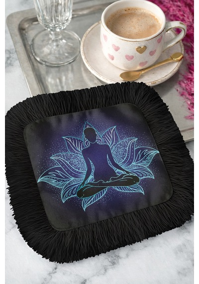 Lotus Enerji Saçaklı Sunum Peçetesi - Meditasyon Bohem Siyah Mavi Tasarımlı Bardak Altlığı Mendil Çok Renkli