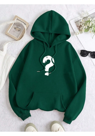 Startmore Haki Unisex Kadın/erkek Soru Renkli Özel Baskılı Pamuklu Oversize Kapüşonlu