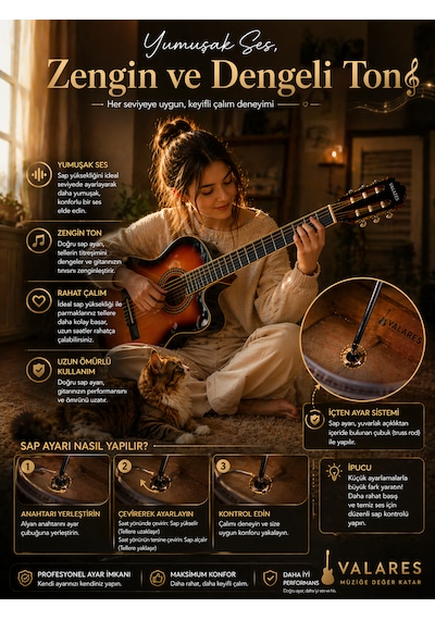Valares Vc20c Kesik Kasa Klasik Gitar 38 İnç 4/4 Yetişkin Üst Segment Çanta Capo Askı Pena Tuner Sunburst