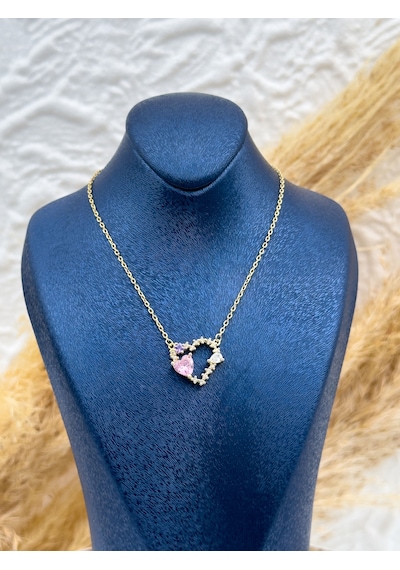 925 Ayar Gümüş Gold Renk Pembe Kuvars Taşlı Kalpli Kadın Kolye Özel Tasarım Hediyelik Gümüş