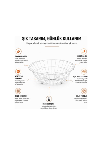 Yuvarlak Metal Sepet Beyaz, Masa Üstü Meyvelik Sebzelik, Tezgah Üstü Organizer, Çok Amaçlı Mutfak Banyo Antre Dü Diğer
