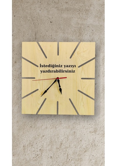 Kare Kenar Kesimli İsimli Lazer Kesim Mdf Ahşap Duvar Saati Akçaağaç