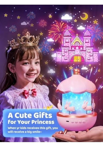 Bunny's Carousel Gece Lambası Projeksiyonlu Müzikli Atlıkarınca Tasarım Kablolu 5v Usb Çalışma Tavşan Figü Diğer