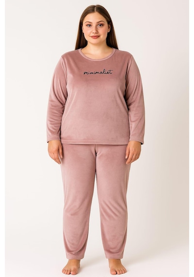 Pemilo Kadın Büyük Beden 13213 Uzun Kol Kadife Pijama Takımı Pudra Pudra