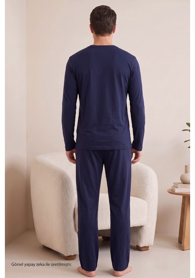 Siyah İnci Baskılı Pamuklu Likralı Örme Pijama Takım 26241803 Lacivert