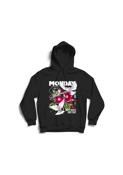 Kuş Ve Çiçek Baskılı Kapşonlu Sweatshirt Fame Stoned Gang Collection New Season Hoodie Siyah
