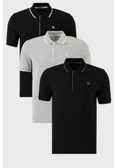 Buratti Pamuklu Slim Fit Şerit Detaylı Düğmeli Polo Yaka 3'Lü Paket Erkek T Shirt 5902118S3 Siyah-Gri Melanj-Siyah-Beyaz