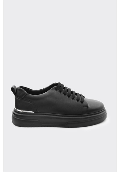 Derinet Hakiki Deri Bağcıklı Yüksek Taban Erkek Sneaker Siyah Siyah