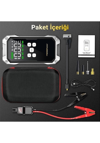 Tr F04 21600 Mah, 6000a Tepe Akımı Profesyonel Akü Takviye Cihazı + Lastik Şişirme Kompresörlü Taşınabilir Jum