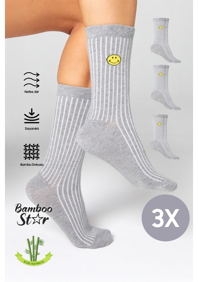 Bamboo Star Kadın Gri Soket Dikişsiz Gülücük Desenli Çorap 3'lü Paket Sıkmayan Çorap / İz Bırakmaz