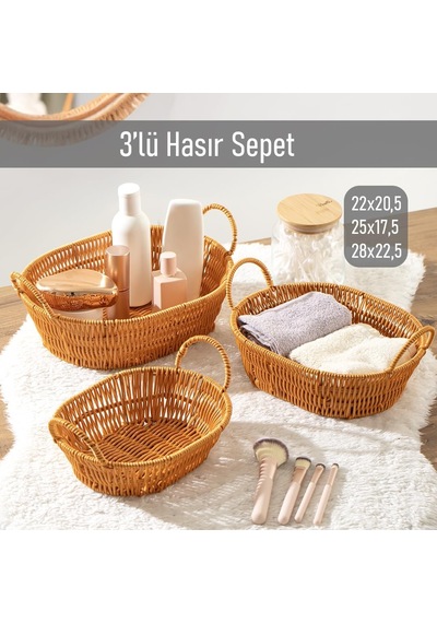 Tr 302-d Oval 3'lü Hasır Sepet Dekoratif Ev Düzenleyici Kendinden Kulplu Hasır Sepet Seti Banyo Düzenleyici Sepet Genel