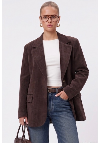 Ritnice Kadın Jonas Astarlı Cepli Kahverengi Lux Oversize Blazer Ceket