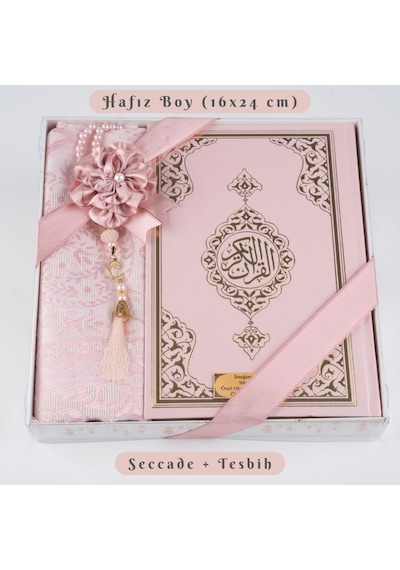 Kuran + Seccade + Tesbih Hediye Seti Hafız Boy, Ekonomik Cilt, Desenli Kutu, Pembe