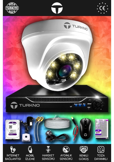 Turkno 1 Kameralı Domie 1 İç Kamera Set 2 TB HDD Full HD Renkli Gece Görüşlü Güvenlik Kamerası Sistemi